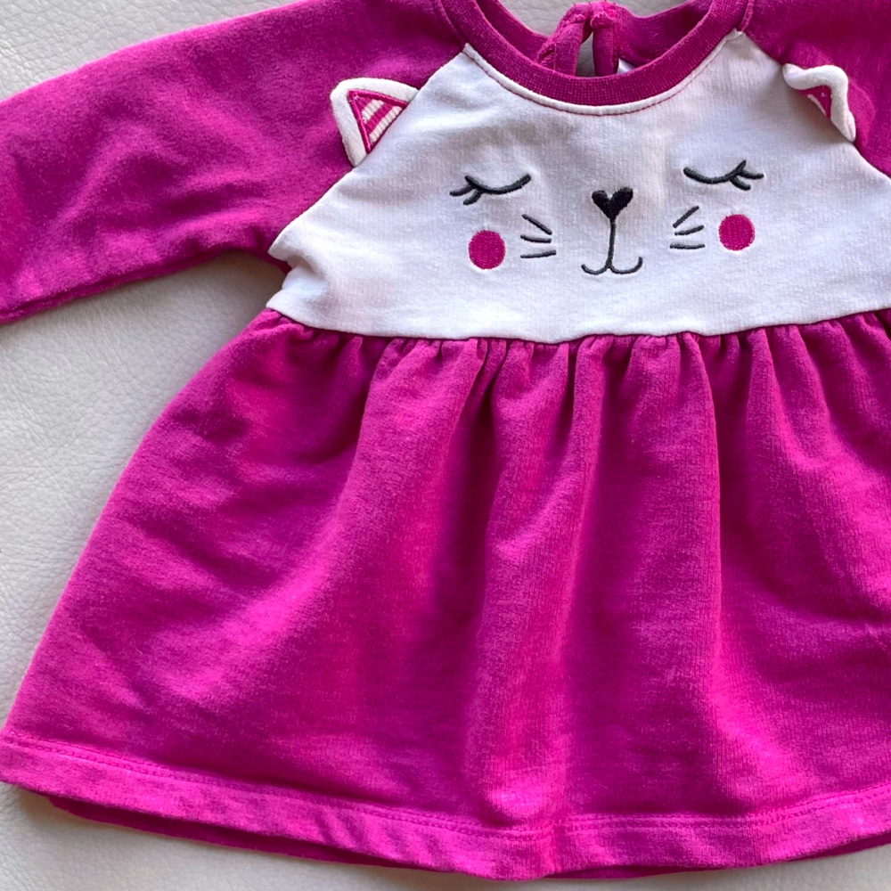 4/$20💥3-6M Kitty Face Cute Sweatshirt Dress, Standoff Ears, Magenta French Terry